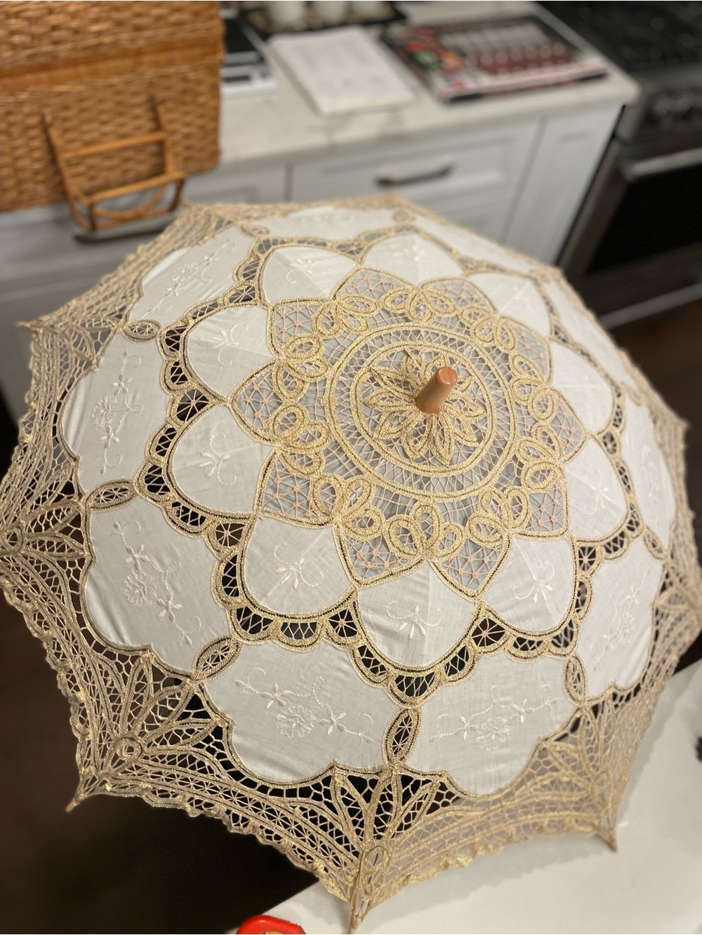 Lace Embroidered Parasol in Ivory and Beige